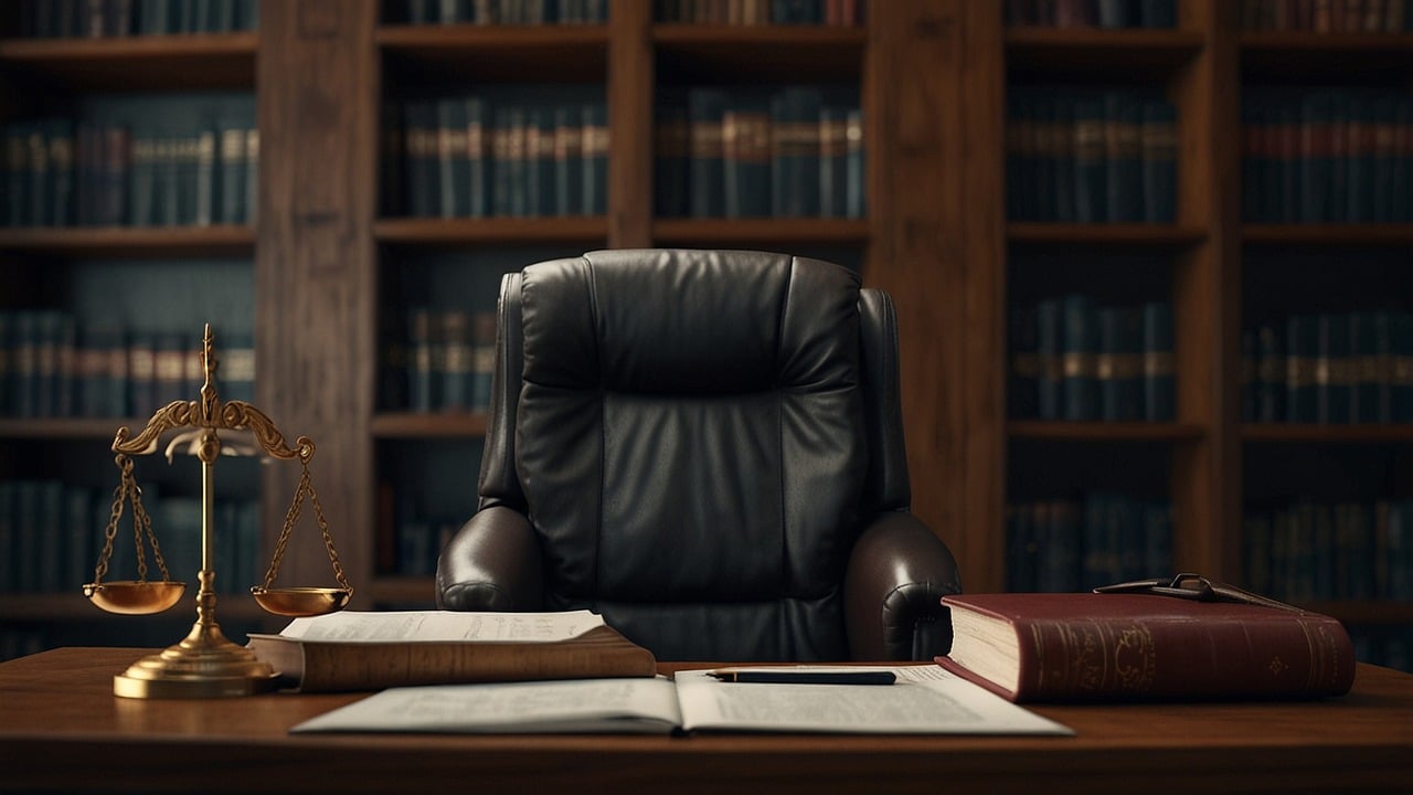 Image of an open laptop displaying legal articles, surrounded by law books and a gavel.